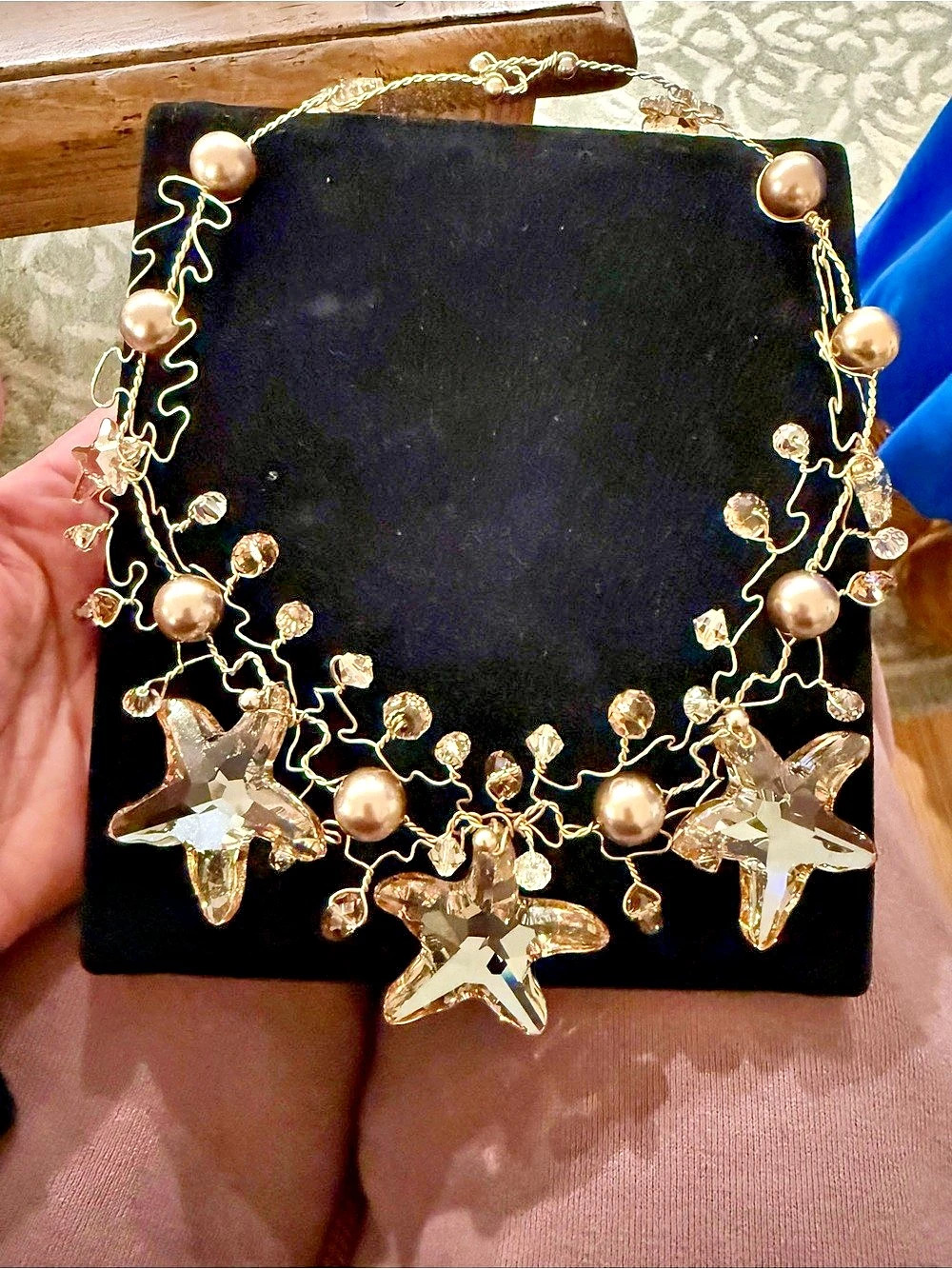 Artisan Art to Wear Crystal Starfish Pearl Wire Statement Necklace OOAK Resort